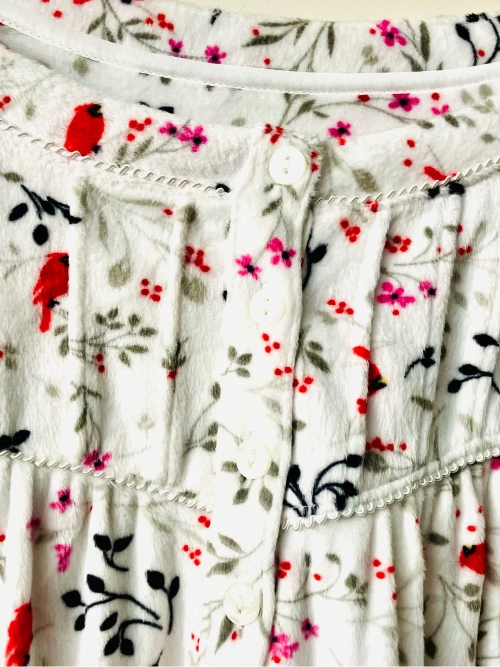 Women’s White Long-Sleeve Nightgown with Red Bird Print